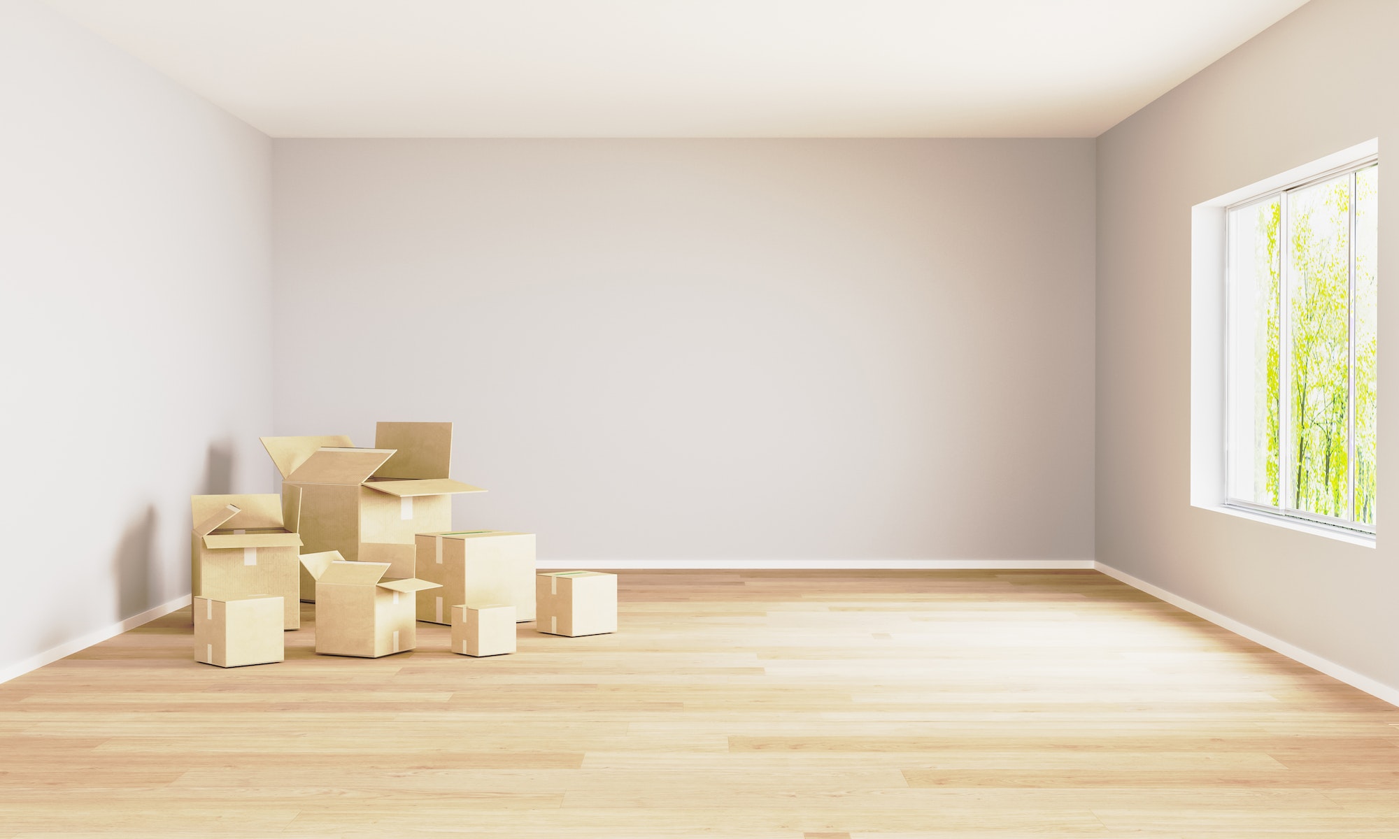 Empty room with moving boxes and window. Moving concept. Room for mockup